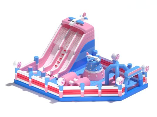 Trẻ em bơm lên nhỏ bơm lên lâu đài màu hồng màu xanh với slide