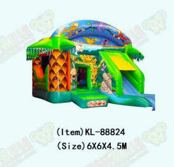 Green Slide Các lâu đài bơm được trang trí bằng hình khỉ và chim