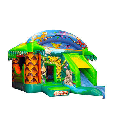 Green Slide Các lâu đài bơm được trang trí bằng hình khỉ và chim